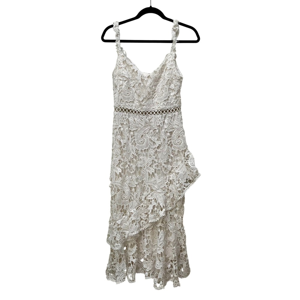 Lulus White Crochet Lace Ruffle Asymmetrical Midi Dress Womens M Bridal Chic
